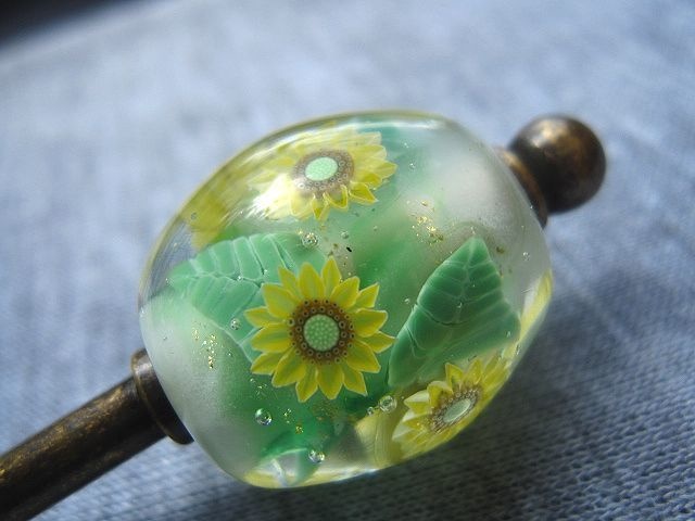 【手作りとんぼ玉】ひまわりの簪【ガラス工芸】