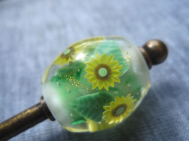 【手作りとんぼ玉】ひまわりの簪【ガラス工芸】