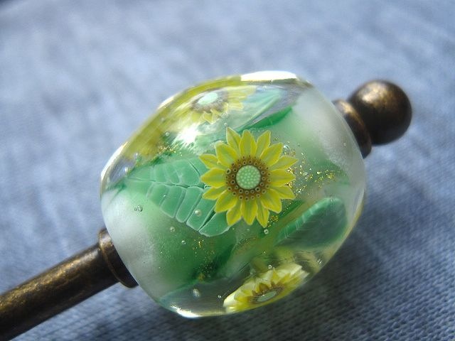 【手作りとんぼ玉】ひまわりの簪【ガラス工芸】