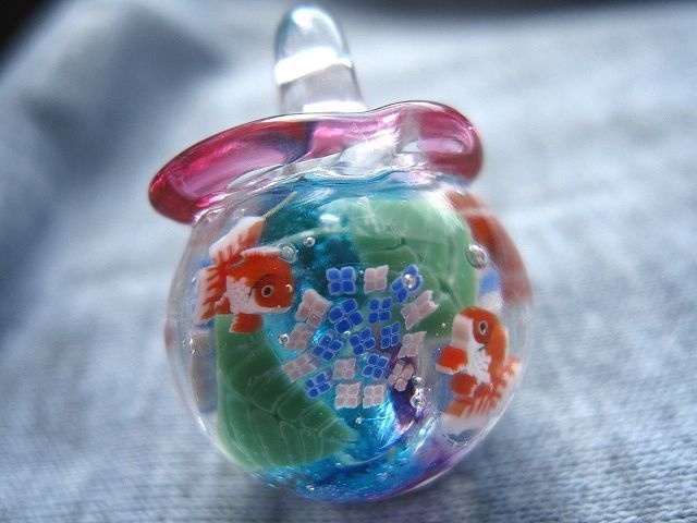 手作りとんぼ玉】紫陽花と金魚鉢のネックレス 【ガラス工芸