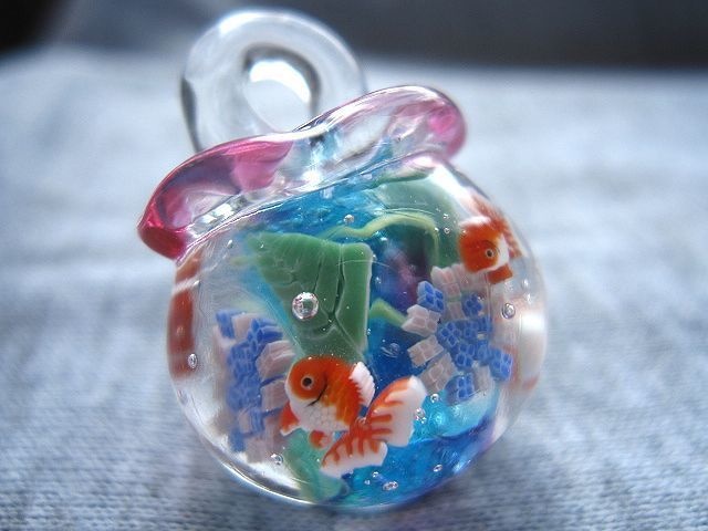 【手作りとんぼ玉】紫陽花と金魚鉢のネックレス 【ガラス工芸】