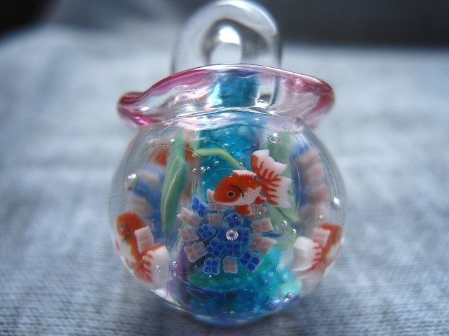 【手作りとんぼ玉】紫陽花と金魚鉢のネックレス 【ガラス工芸】