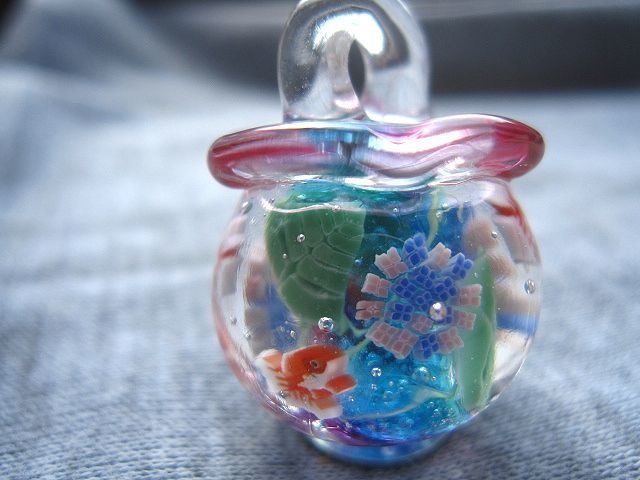 【手作りとんぼ玉】紫陽花と金魚鉢のネックレス 【ガラス工芸】