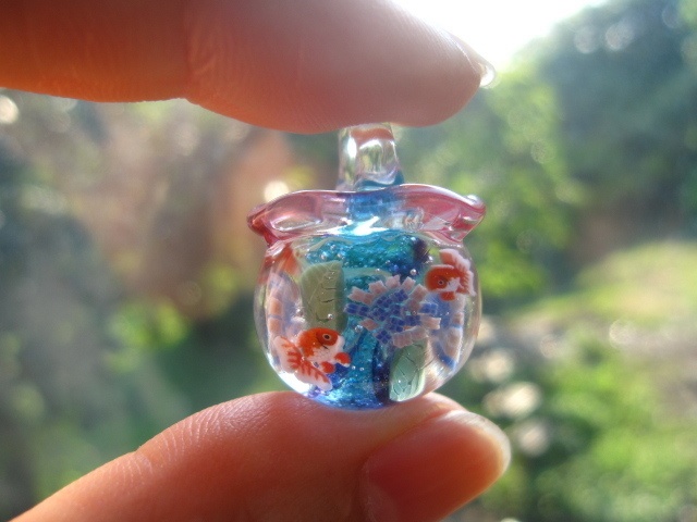 【手作りとんぼ玉】紫陽花と金魚鉢のネックレス 【ガラス工芸】