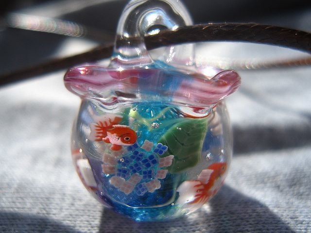 【手作りとんぼ玉】紫陽花と金魚鉢のネックレス 【ガラス工芸】