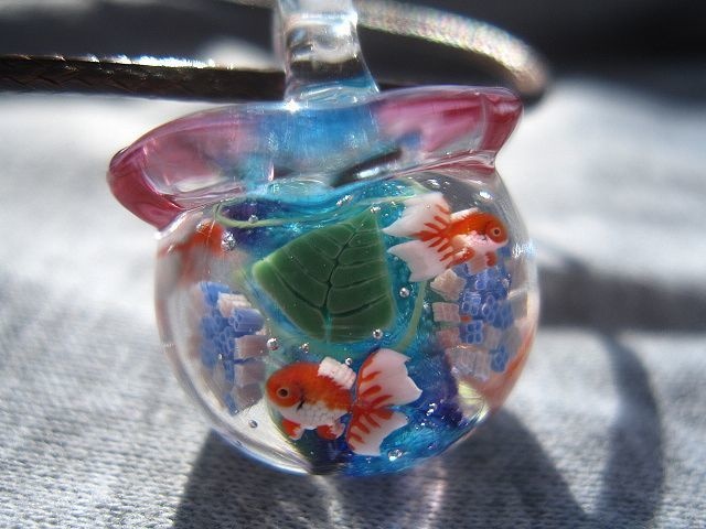 【手作りとんぼ玉】紫陽花と金魚鉢のネックレス 【ガラス工芸】