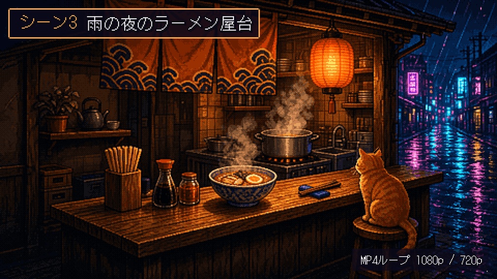 【動く背景】トラ猫とネオン夜市 ドット絵配信背景セット(全3シーン)