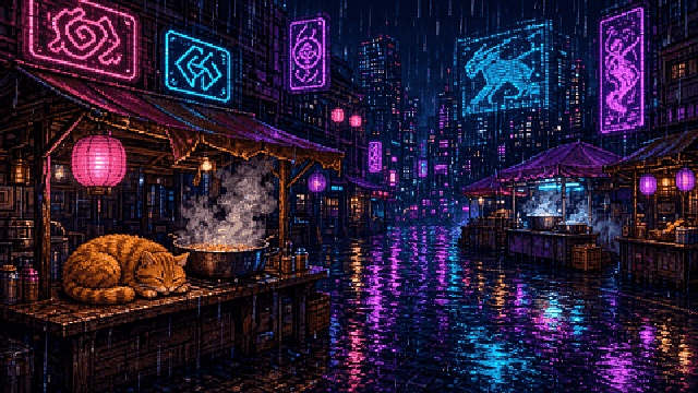 【動く背景】トラ猫とネオン夜市 ドット絵配信背景セット(全3シーン)