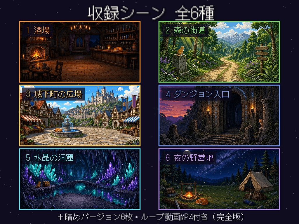 【TRPG素材】トラ猫と冒険の地 ドット絵ファンタジー背景セット(全6シーン)