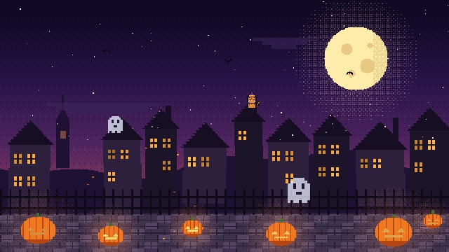 【動く背景】トラ猫とハロウィン夜の街(ドット絵)