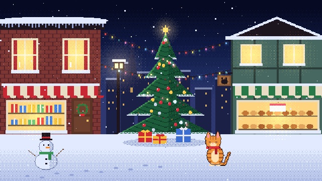 【動く背景】トラ猫と雪降るクリスマスの街