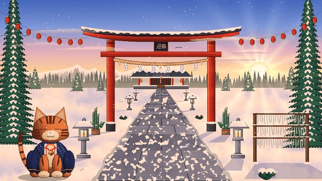 【動く背景】トラ猫とあけましたの神社(お正月・初詣)
