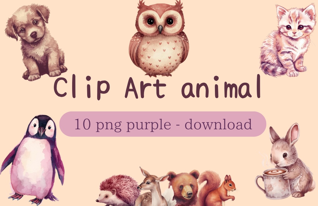 Reddish Purple Antique Watercolor Animal Clipart／赤紫アンティーク水彩動物クリップアート（全10種・背景透過PNG）