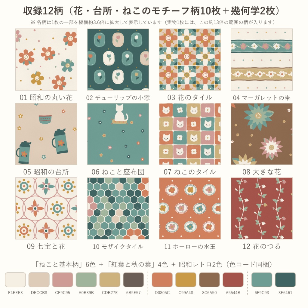 【商用可】昭和レトロの花とタイル デジタルペーパー12枚|ホーロー風の花・モザイクタイル・台所・ねこ|手描き風くすみカラー|A5縦版・マステ帯つき|シームレス 3600px 300dpi