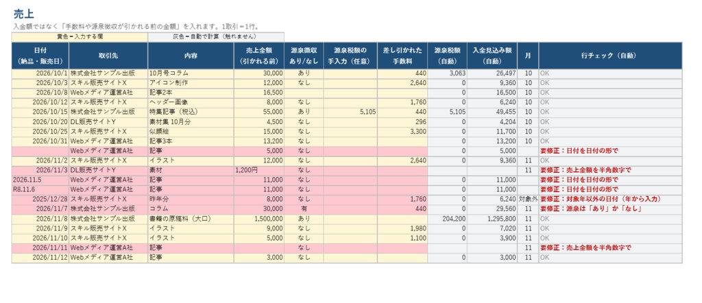 源泉徴収・手数料が引かれた入金も1行で正しく分ける 会社員の副業 収支ノート(Excel・マクロなし)
