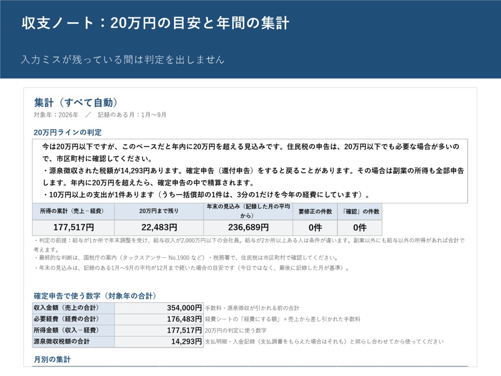 【セット】会社員の副業 収支ノート+作業時間と実質時給ノート(Excel・マクロなし)|売上と経費の集計・源泉徴収の自動計算・案件ごとの時給