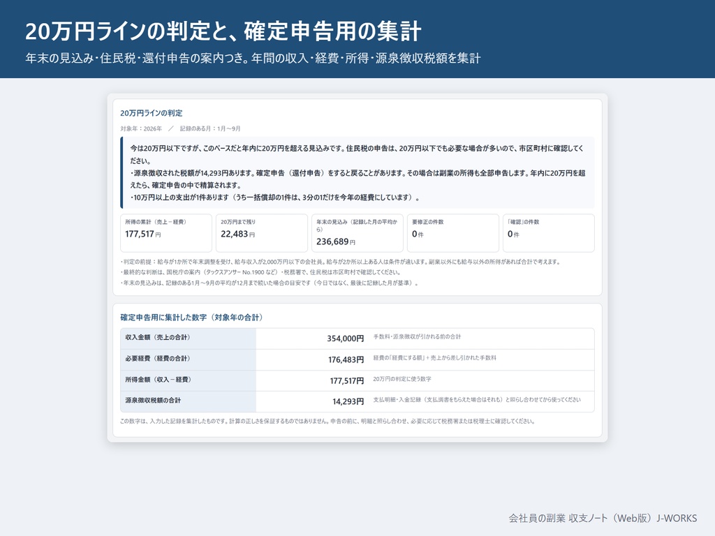 源泉徴収・手数料が引かれた入金も正しく分ける 会社員の副業 収支ノート(Web版・ネット不要のHTML1ファイル)