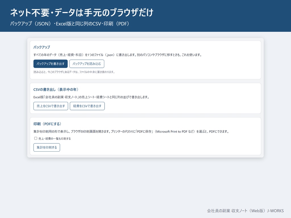 源泉徴収・手数料が引かれた入金も正しく分ける 会社員の副業 収支ノート(Web版・ネット不要のHTML1ファイル)