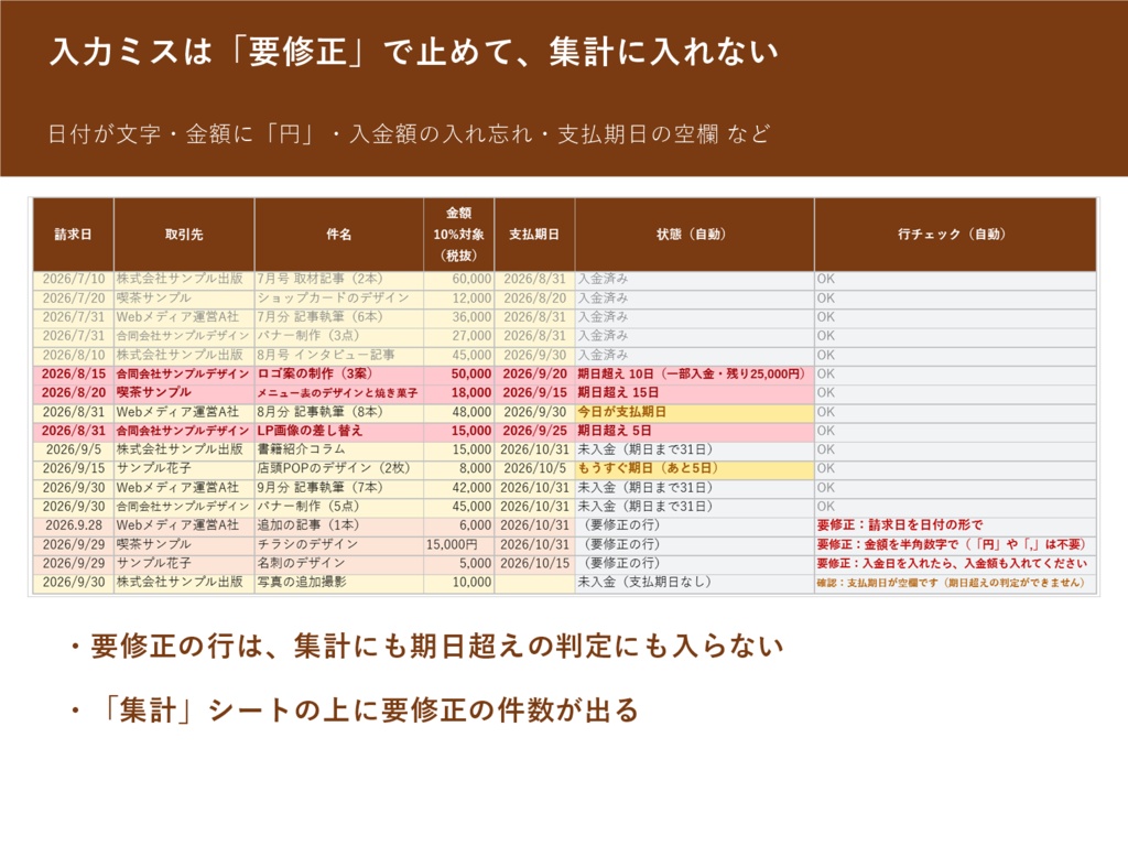 支払期日を過ぎた未入金が赤くなる 請求書と入金チェック表(Excel・マクロなし/請求書の印刷シートつき)