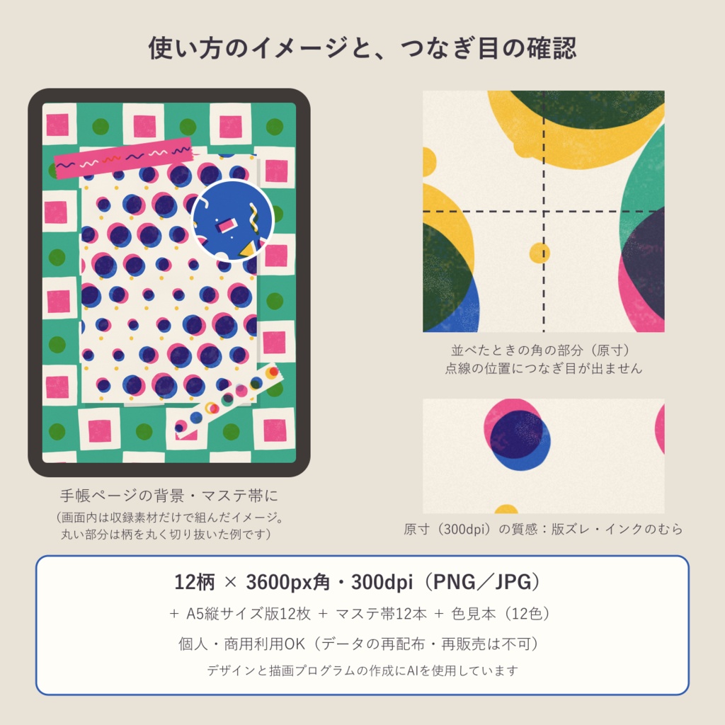 【商用可】ずれ刷りの幾何学 デジタルペーパー12枚|版ズレ・網点の孔版印刷風|A5縦・マステ帯つき シームレス