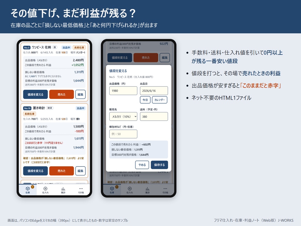 その値下げ、まだ利益が残る？　フリマ仕入れ・在庫・利益ノート（Web版・ネット不要）