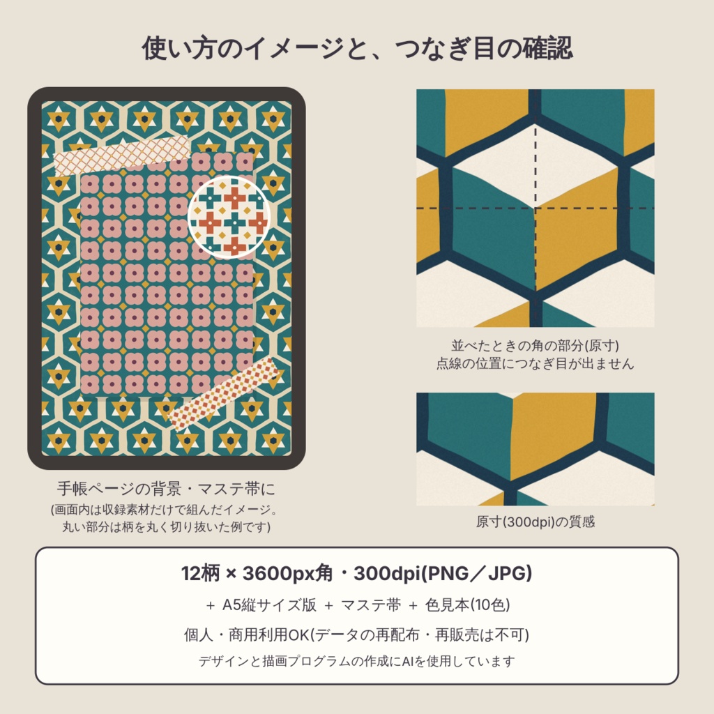 【商用可】アンティークタイル図鑑 デジタルペーパー12枚|A4・A5・B5版・マステ帯つき|シームレス 3600px 300dpi