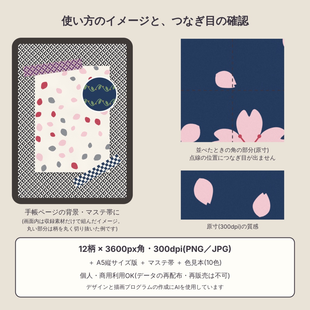 【商用可】和の定番 小紋帖 桜・雪輪・市松 デジタルペーパー12枚|A4・A5・B5版・マステ帯つき|シームレス 3600px 300dpi