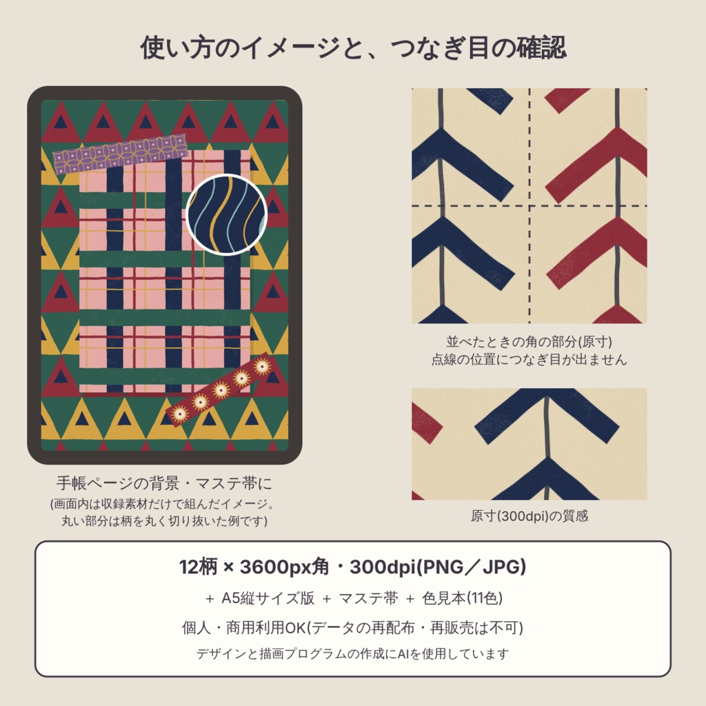 【商用可】大正ロマン 銘仙の12柄 デジタルペーパー12枚|A4・A5・B5版・マステ帯つき|シームレス 3600px 300dpi
