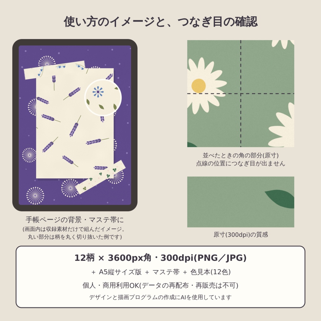 【商用可】野の花 ワイルドフラワーの12柄 デジタルペーパー12枚|A4・A5・B5版・マステ帯つき|シームレス 3600px 300dpi