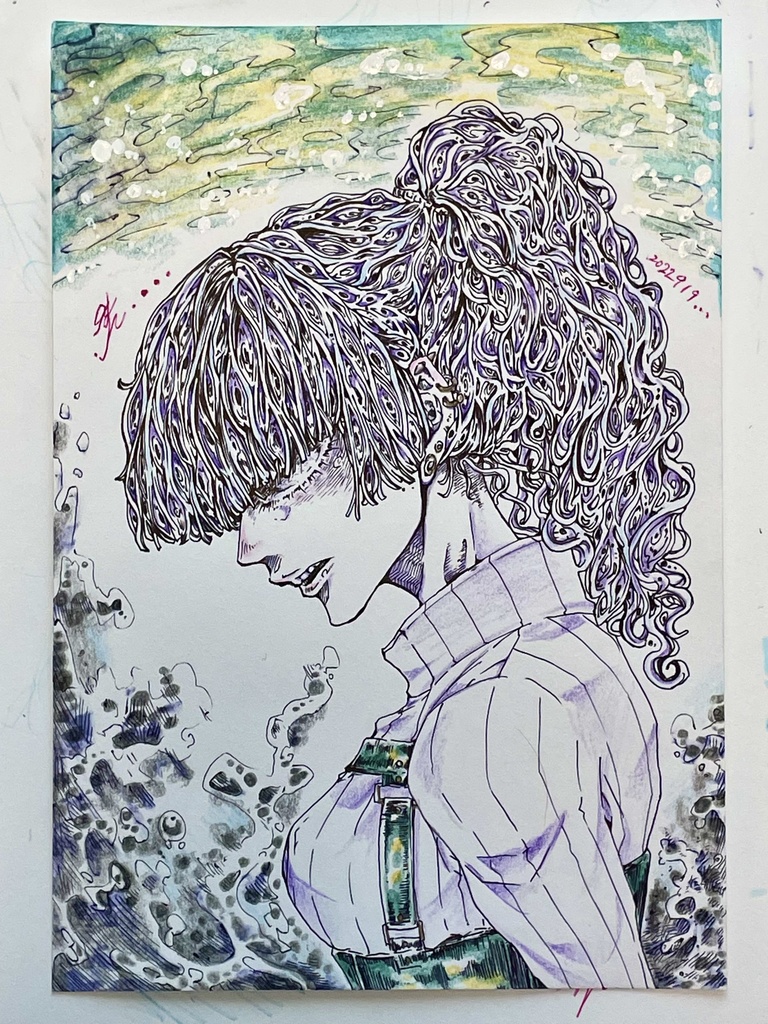 猫の横顔 色鉛筆画 ポストサイズ 原画 - 絵画