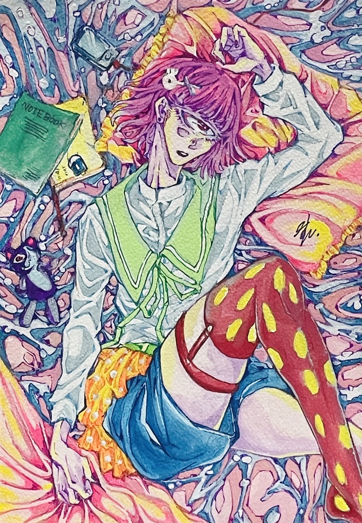 アナログ原画「一つ目ガールの物思い」塗装額付き