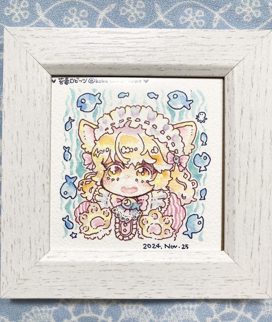 ミニ水彩原画　ねこさかな　スクエア（8cm×8cm）