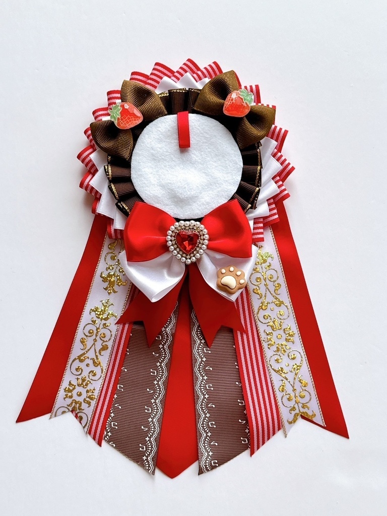 リボンロゼット 75mm◇茶色×白×赤【76】