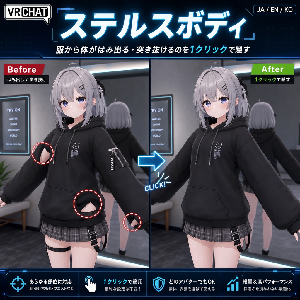 ステルスボディ - 服から体がはみ出る・突き抜けるのを1クリックで隠す【VRChat】【JA,En,Ko】