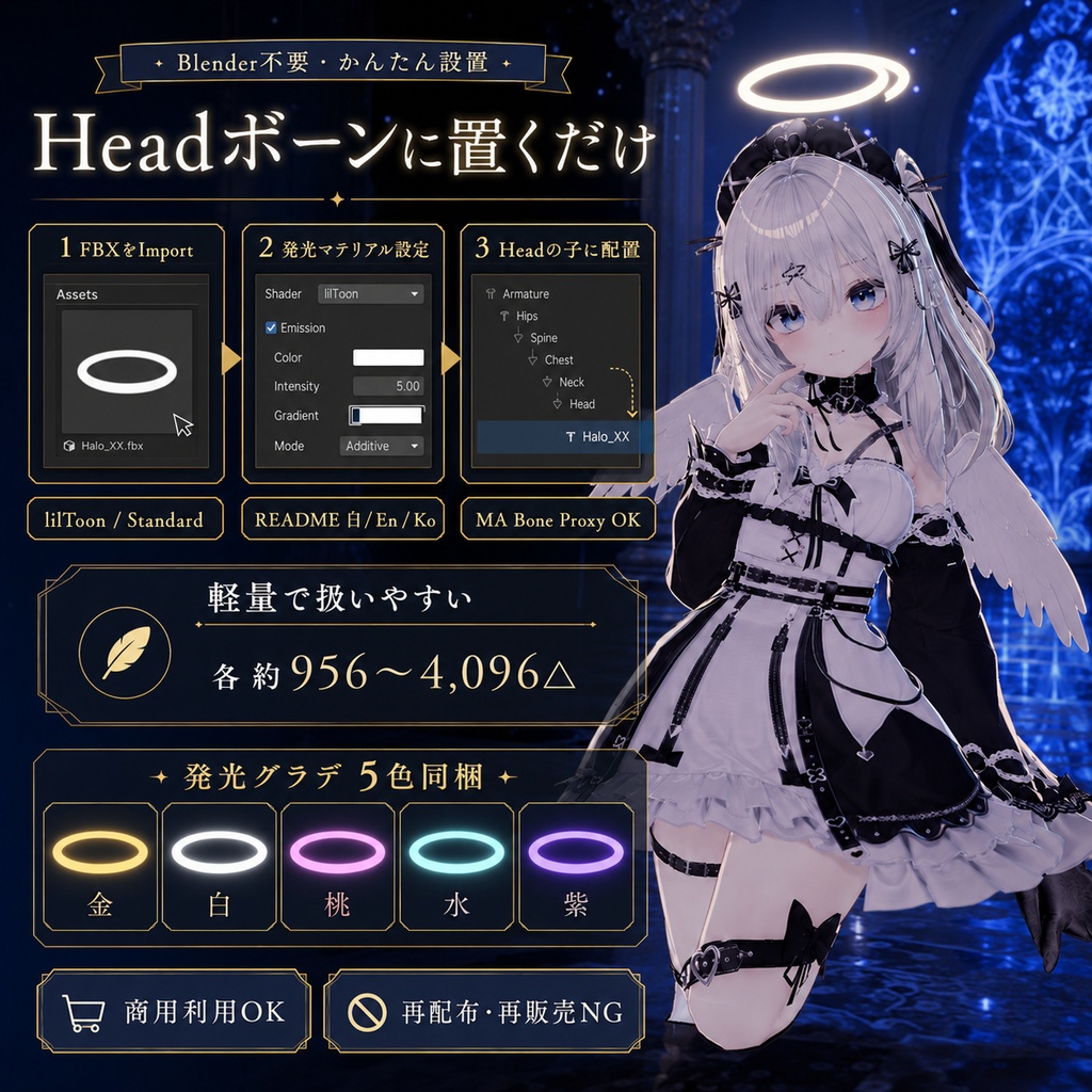 天使の輪 ハロー5種セット【VRChat 天使界隈 堕天使 アクセサリー FBX 軽量】