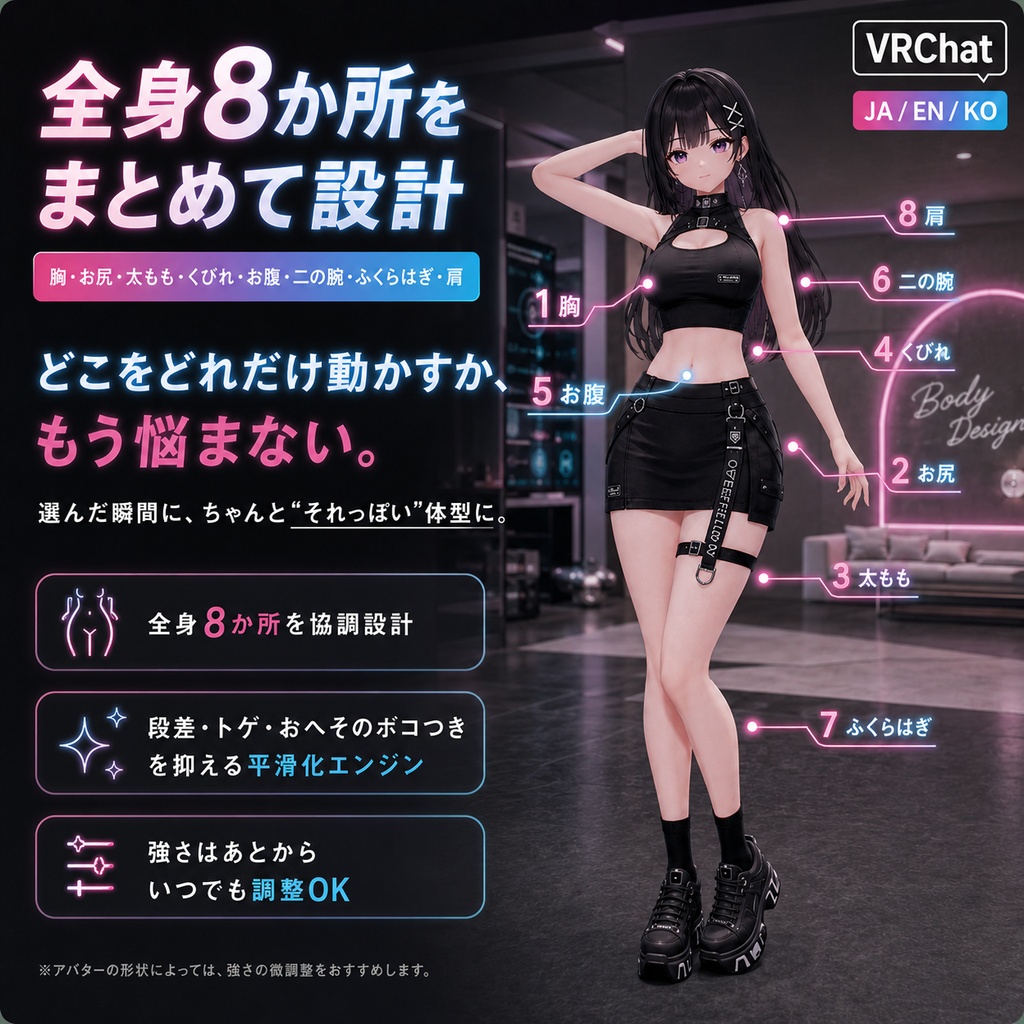 ボディデザイナー - なりたい体型を選ぶだけ。10種の完成形ボディをワンクリック【VRChat】【JA,En,Ko】