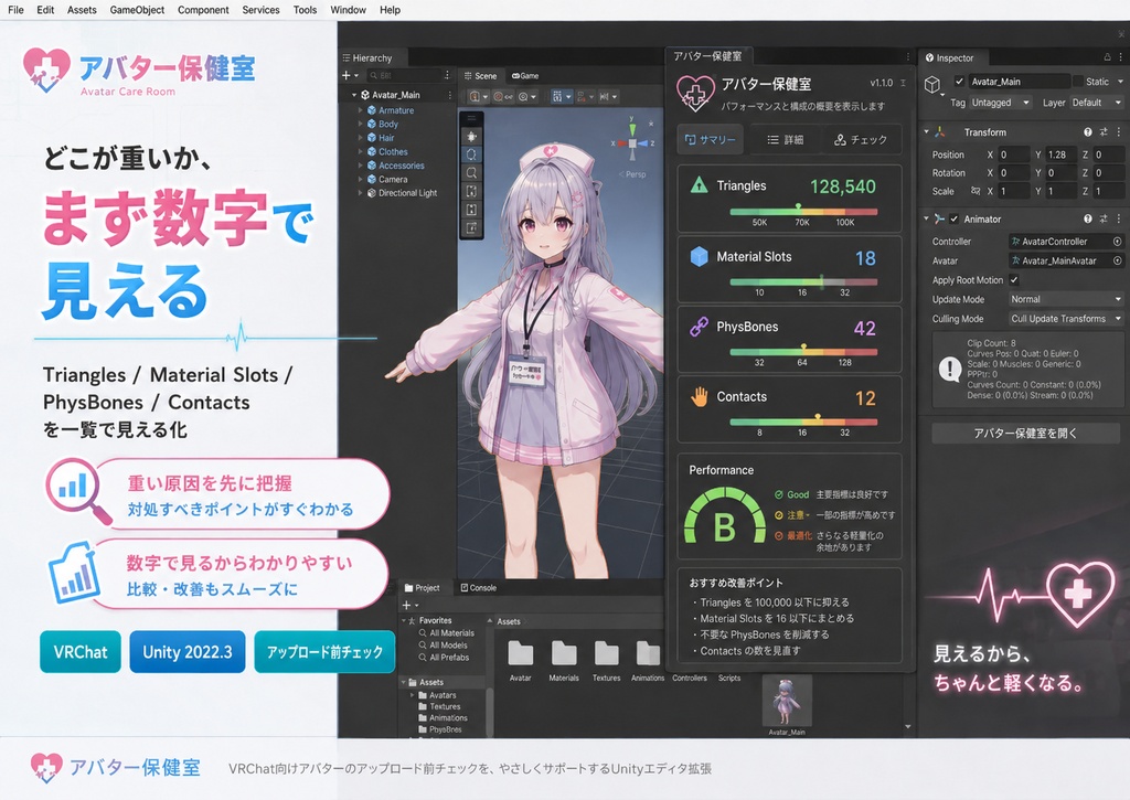 アバター保健室 - アップロード前の不安をやさしく診断&安全修正【VRChat Unity】