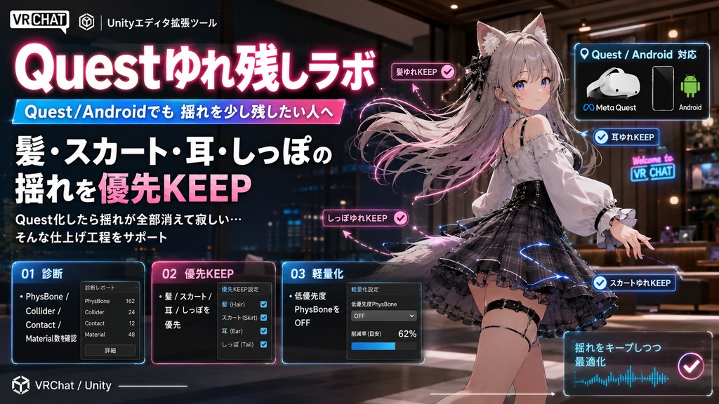 Questゆれ残しラボ - Quest/Androidでも髪・スカート揺れを残すPhysBone整理&貫通対策【VRChat Unity】