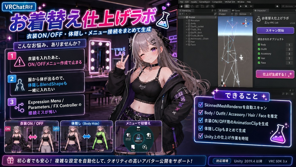 お着替え仕上げラボ - 衣装ON/OFF・体隠し・シェイプキー同期・貫通チェックをまとめて生成