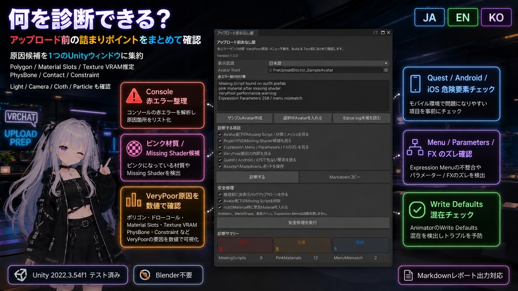 アップロード前なおし屋 - 赤エラー・ピンク材質・VeryPoor・メニュー不動を一括診断&安全修理【VRChat】【JA,En,Ko】