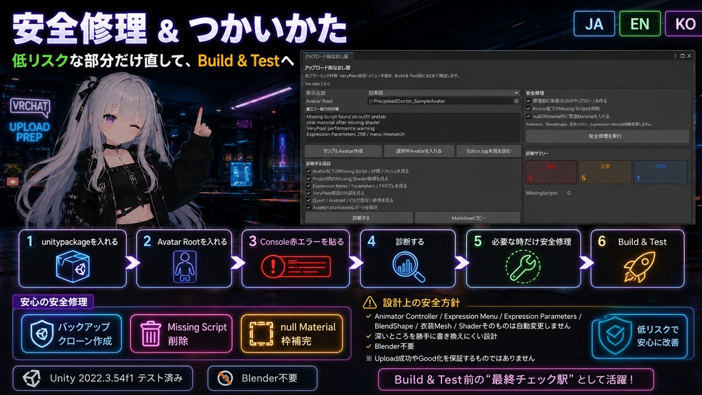 アップロード前なおし屋 - 赤エラー・ピンク材質・VeryPoor・メニュー不動を一括診断&安全修理【VRChat】【JA,En,Ko】