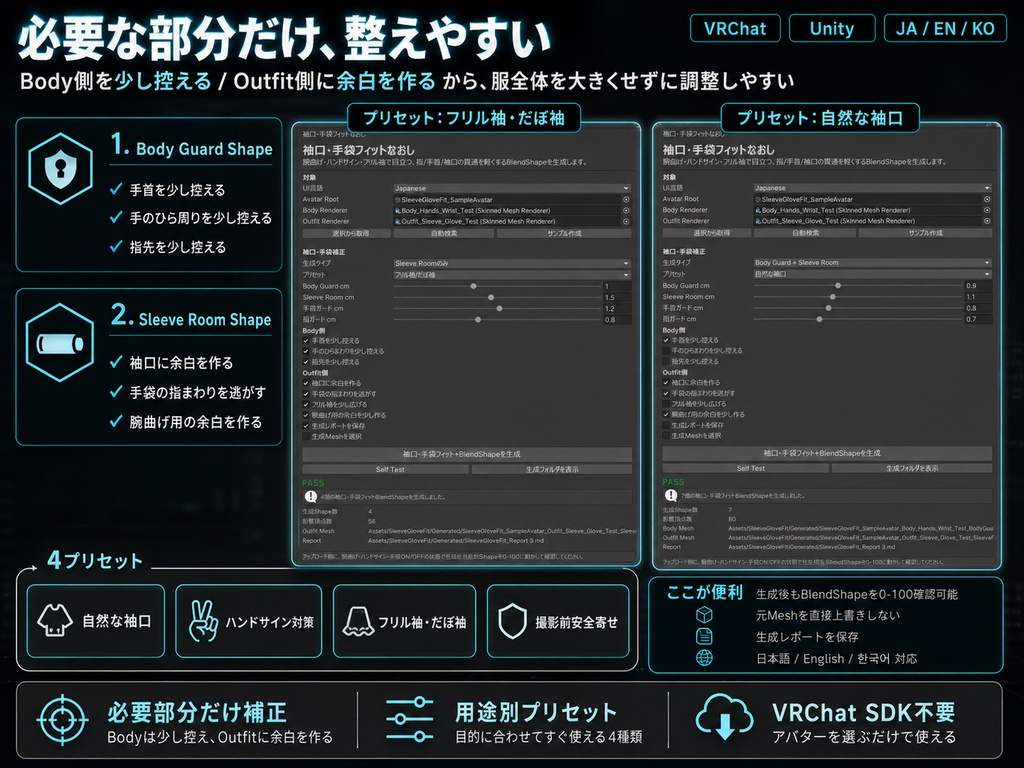 袖口・手袋フィットなおし - 腕曲げ/ハンドサイン時の指・手首・袖貫通をUnityで整える補正ツール【VRChat】【JA,EN,KO】