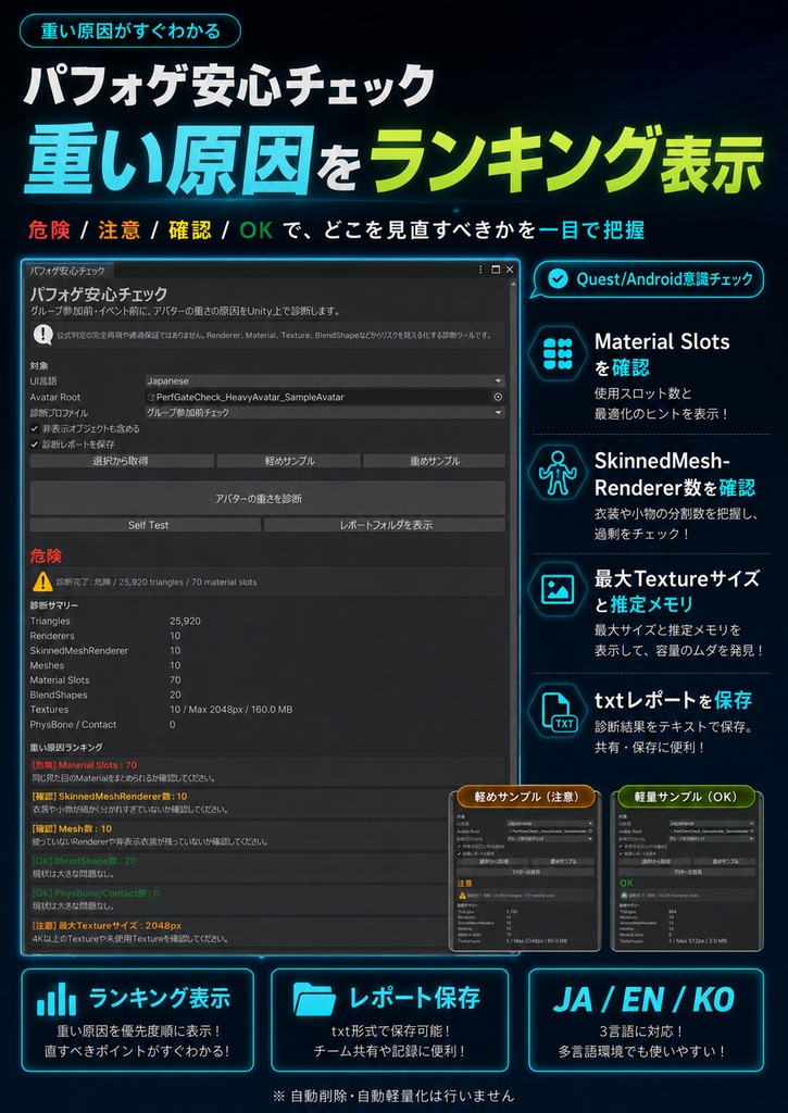 パフォゲ安心チェック - グループ参加前にアバターの重さをUnityで診断する軽量化リスクチェックツール【VRChat】【JA,EN,KO】
