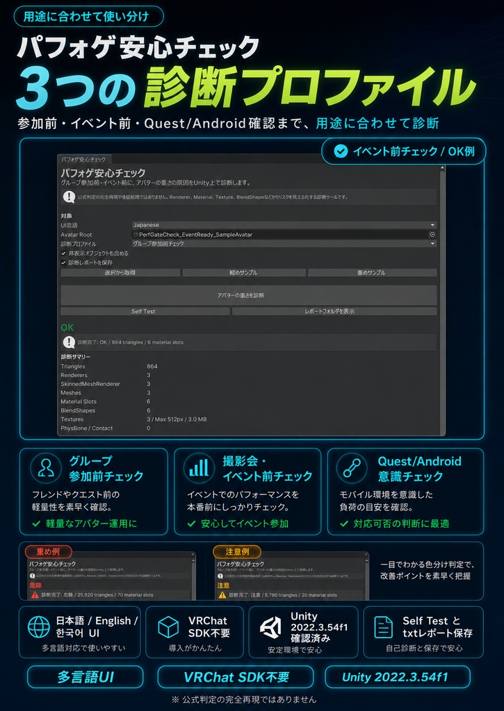 パフォゲ安心チェック - グループ参加前にアバターの重さをUnityで診断する軽量化リスクチェックツール【VRChat】【JA,EN,KO】