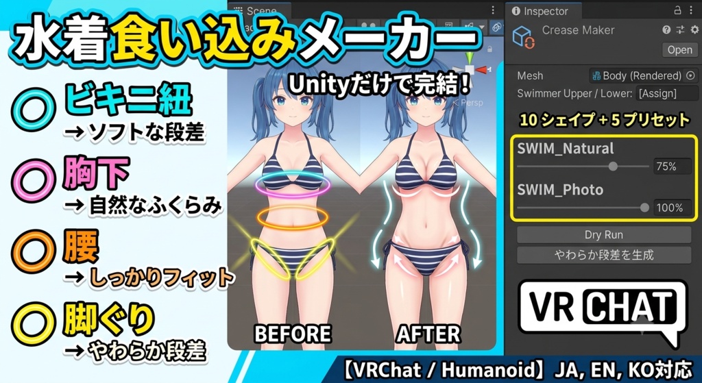 水着食い込みメーカー - ビキニ紐・胸下・腰・脚ぐりのやわらか段差をUnityで作るBlendShapeツール【VRChat】【JA,EN,KO】