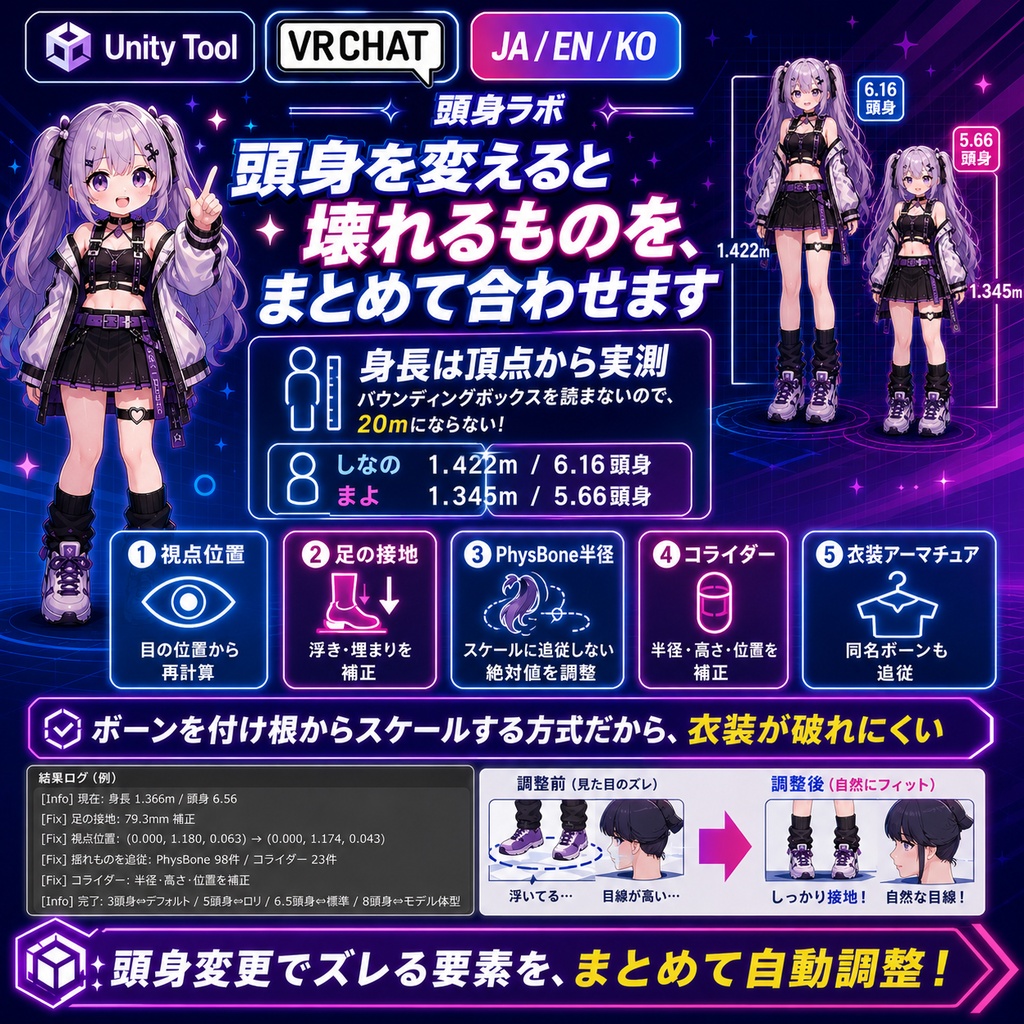 頭身ラボ - 同じアバターをロリにも大人にもできる頭身スライダー。視点位置と足の接地と揺れもの半径まで自動で合わせるUnityツール【VRChat】【JA,EN,KO】