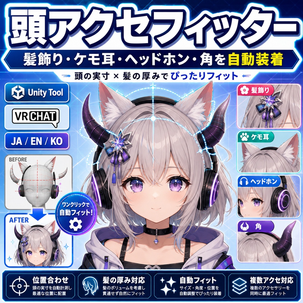頭アクセフィッター - 髪飾り・ケモ耳・ヘッドホン・角を頭の実寸と髪の厚みに合わせて自動装着するUnityツール【VRChat】【JA,EN,KO】