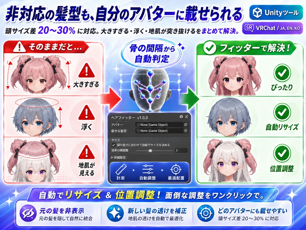 髪型フィッター - 非対応の髪型を骨の間隔から正しい大きさにしてどのアバターにも載せるUnityツール【VRChat】【JA,EN,KO】