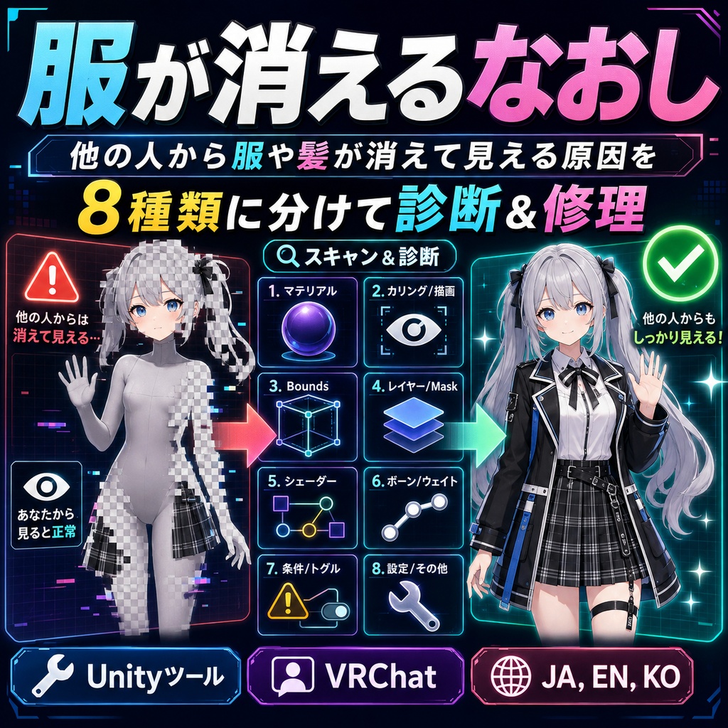 服が消えるなおし - 他の人から服や髪が消えて見える原因を8種類に分けて診断＆修理するUnityツール【VRChat】【JA,EN,KO】