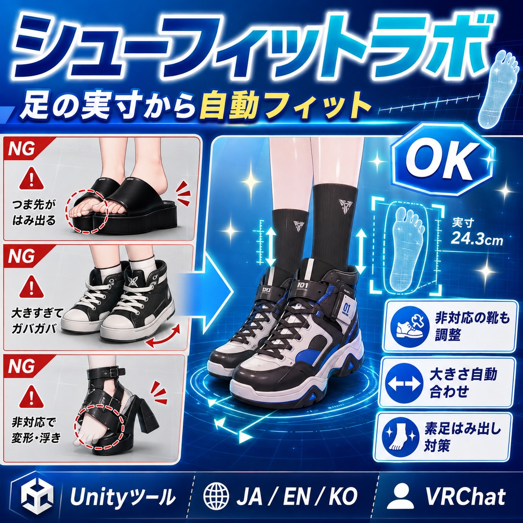 シューフィットラボ - 非対応の靴が履けない・大きさが合わない・素足がはみ出るを足の実寸から自動で合わせるUnityツール【VRChat】【JA,EN,KO】